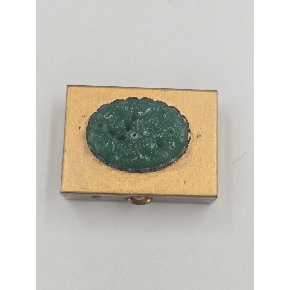 Antique Chinese Brass Pill Snuff Box with Carved Green Jadeite Jade Stone Top